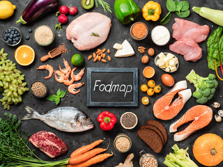 Fodmap diet concept. Low fodmap ingredients - poultry meat, fish, seafood, vegetables and fruits and words Fodmap in center, on dark background. Top view or flat lay.