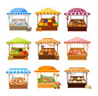 Set of street market stalls with various products. Vector illustration on white background.