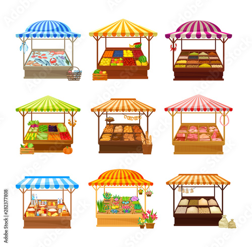 Fotografía Set of street market stalls with various products
