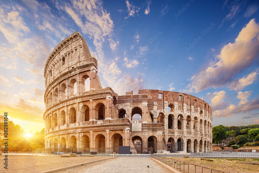 Coliseum or Flavian Amphitheatre (Amphitheatrum Flavium or Colosseo), Rome, Italy.  - obrazy, fototapety, plakaty 