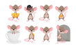 Set a cute mouse in different situations. Animals cartoon character rat vector illustration on white background