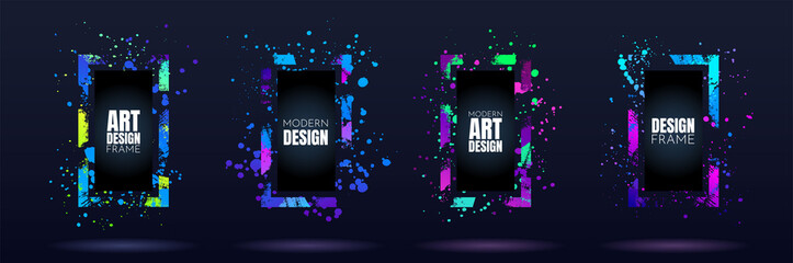 Vector frame for text. Modern Art graphics. Dynamic frame stylish geometric black background. Element for design business cards, invitations, gift cards, flyers and brochures. Distruction color paint