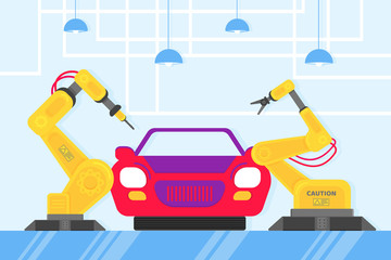 Wall Mural - Smart Industry 4.0 And Technology Assembly Line Flat Style Design Vector Illustration Concept. Production Conveyor Belt And Car Production Line With Robot Arms And Automated Line