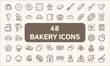 Set of 48 bakery and dessert Icons line style.  Contains such Icons as cookie, pudding, oven, kitchen tools, doughnut, bread, macaroon, muffin And Other Elements.  customize color, easy resize.
