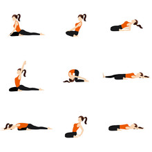 Bended Knees Yoga Poses Set/ Illustration Stylized Woman Practicing Yoga Postures, Variations With Knees