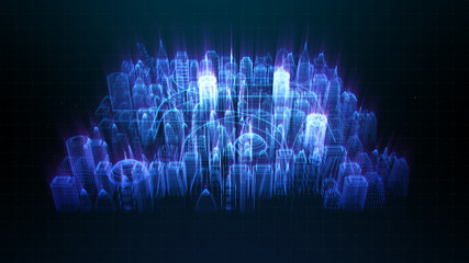 Poster - Futuristic holographic city digitally generated image virtual reality matrix particles in cyber space background environment