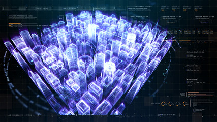 Poster - Futuristic holographic city digitally generated image virtual reality matrix particles in cyber space background environment