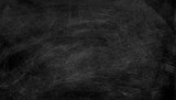 Black chalk board texture background. Chalkboard, blackboard, school board  surface with scratches and chalk traces. Wide banner. Stock Photo