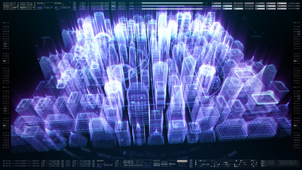 Poster - Futuristic holographic city digitally generated image virtual reality matrix particles in cyber space background environment