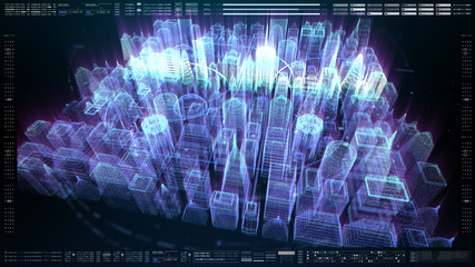 Poster - Futuristic holographic city digitally generated image virtual reality matrix particles in cyber space background environment