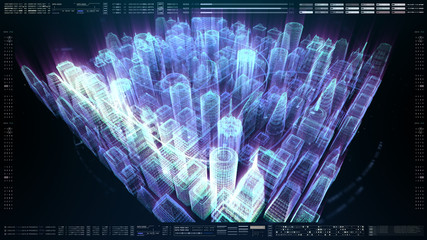Poster - Futuristic holographic city digitally generated image virtual reality matrix particles in cyber space background environment