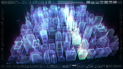 Aufkleber - Futuristic holographic city digitally generated image virtual reality matrix particles in cyber space background environment