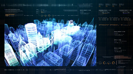 Poster - Futuristic holographic city digitally generated image virtual reality matrix particles in cyber space background environment