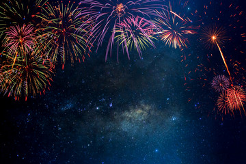 Wall Mural - fireworks with blur milky way background
