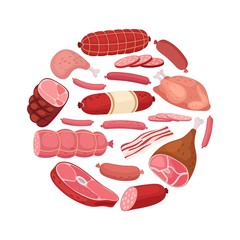 Round meat banner. Vector chicken, salami, sausage and fresh meat isolated on white background. Illustration of meat food, wurst and salami, barbecue steak