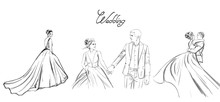Wedding Couple Vector Line Art Set. Bride Silhouette Vintage Style. Beautiful Long Dress . Template For Design Cards