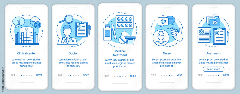 Medicine and healthcare onboarding mobile app page screen with linear concepts. Call, select, pay, receive, enjoy. Steps graphic instructions. UX, UI, GUI vector template with illustrations - obrazy, fototapety, plakaty 