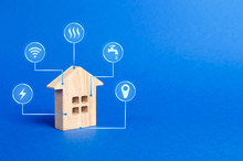 House Figurine And Public Utilities Symbols Icons. Choosing A House To Buy, Assessing The Cost And Condition Of The Building, Location In The City. Repair And Renovation, Maintenance Services.