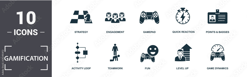 Gamification icon set. Contain filled flat game dynamics, engagement ...