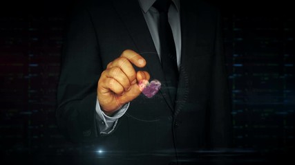 Wall Mural - A businessman in a suit touch the screen with cybernetic heart symbol hologram. Man using hand on virtual display interface. Love, cyber dating, romantic, health and cardiology futuristic concept.