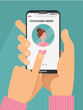 © LanaSham - Online dating app concept. Male hands in suit holding smartphone with woman on screen. Online dating, long distance relationship concept. Finger presses heart button. Flat cartoon illustration