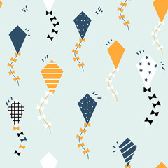 Seamless pattern with flying kites. Kids cute print. Vector hand drawn illustration.