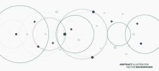 Abstract vector illustration with overlapping circles, dots and dashed circles. Science and connection concept. Wide molecule structure background.