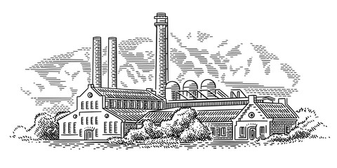 Old factory (plant) engraving style illustration. Vector, sky in separate layer. 