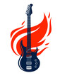 Electric guitar on fire, hot rock music guitar in flames, Hard Rock or Rock and Roll concert or festival label, night club live show, vector logo or emblem.