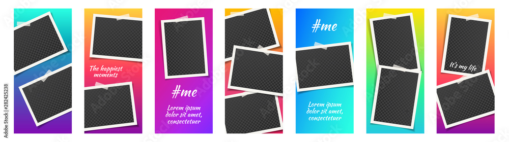 PrintStory template kit for social media with bright gradient background. Set with empty photo frames. Mockup trendy concept set. Insta abstract editable banner pack. Instagram story backgrounds. - obrazy, fototapety, plakaty 