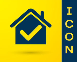 Blue House with check mark icon isolated on yellow background. Real estate agency or cottage town elite class. Vector Illustration