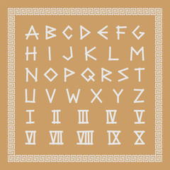 Greek antique font. Trendy english creative alphabet. Ancient latin letters with roman numerals