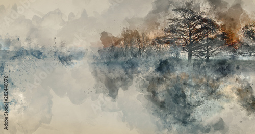 Digital watercolour painting of Landscape of lake in mist with sun glow at su...