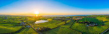 Aerial Panoramic View Of Summer Countryside Sunset,Northern Ireland