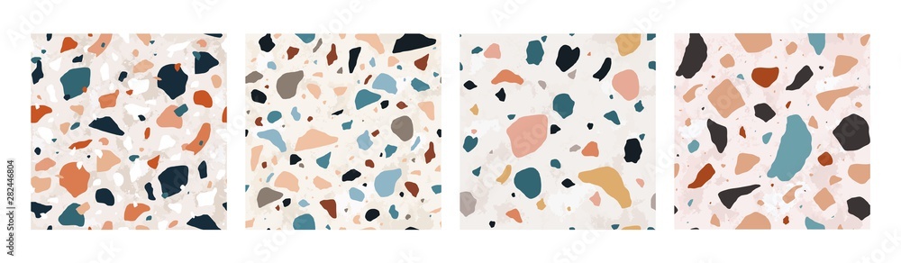 Collection of Terrazzo seamless patterns with colorful rock fragments. Set of backdrops with stone pieces or sprinkles. Bundle of rock textures. Vector illustration for wrapping paper, textile print. - obrazy, fototapety, plakaty 