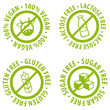Set of Allergen free Badges. Lactose free, Gluten free, Sugar free, 100% Vegan. Vector hand drawn Signs. Can be used for packaging Design.
