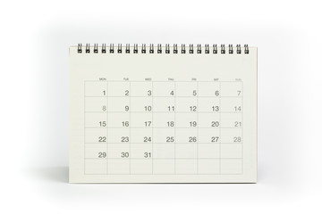 White clean desktop calendar isolated on white background with copy space for month and year using as reminder, planning, schedule or appointment concept