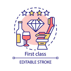 Wall Mural - First class concept icon. Passenger seat idea thin line illustration. Aircraft travel class seating. Glass of champagne. Airplane cabin. Vector isolated outline drawing. Editable stroke