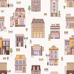 Fototapete - Seamless pattern with city buildings of elegant European architecture. Backdrop with residential houses and shops. Modern colorful vector illustration in linear style for wrapping paper, wallpaper.