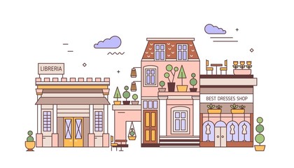 Fototapete - Cityscape with facades of elegant buildings of European architecture. Urban landscape or street view of city district with living house, library and apparel store. Vector illustration in linear style.