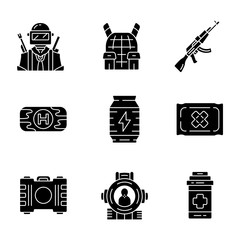 Sticker - Online game inventory glyph icons set. Esports, cybersports. Soldier, body armor, weapon. First aid kit, energy drink, bandage, painkiller, aim. Silhouette symbols. Vector isolated illustration