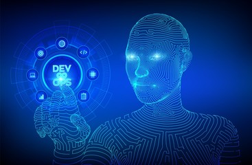 Devops. Agile development and optimisation concept on virtual screen. Software engineering. Software development practices methodology. Wireframed cyborg hand touching digital interface. EPS 10.