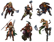 Big Set Of Viking Warriors With Shields And Swords And Axes Dwarf Realistic Isolated Illustration.