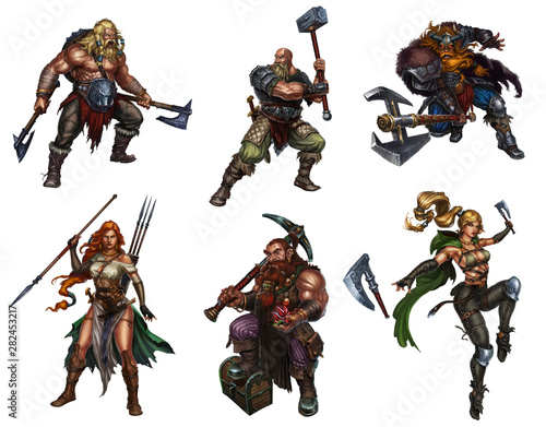 Cuadros en Lienzo Big set of viking warriors with shields and swords and axes dwarf realistic isolated illustration