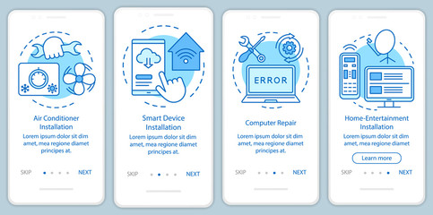 Home services for electronic devices onboarding mobile app page screen with linear concepts. Four walkthrough steps graphic instructions. Computer repair. UX, UI, GUI vector template, illustrations