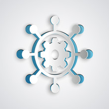Paper Cut Project Management Icon Isolated On Grey Background. Hub And Spokes And Gear Solid Icon. Paper Art Style. Vector Illustration