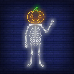 Wall Mural - Skeleton with pumpkin head neon sign. Halloween party, autumn design. Night bright neon sign, colorful billboard, light banner. Vector illustration in neon style.