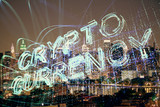 Fototapeta Nowy Jork - Multi exposure of cryptocurrency theme hologram drawing and city veiw background. Concept of blockchain and bitcoin.
