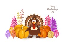 Thanksgiving Day. Advertising Design With Traditional Turkey In A Hat, Pumpkins, Autumn Leaves In The Style Of Papercut. Vector Illustration IIsolated On White Background
