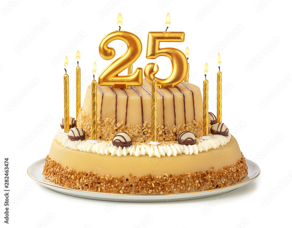 Festliche Torte mit goldenen Kerzen - Nummer 25 Stock Photo